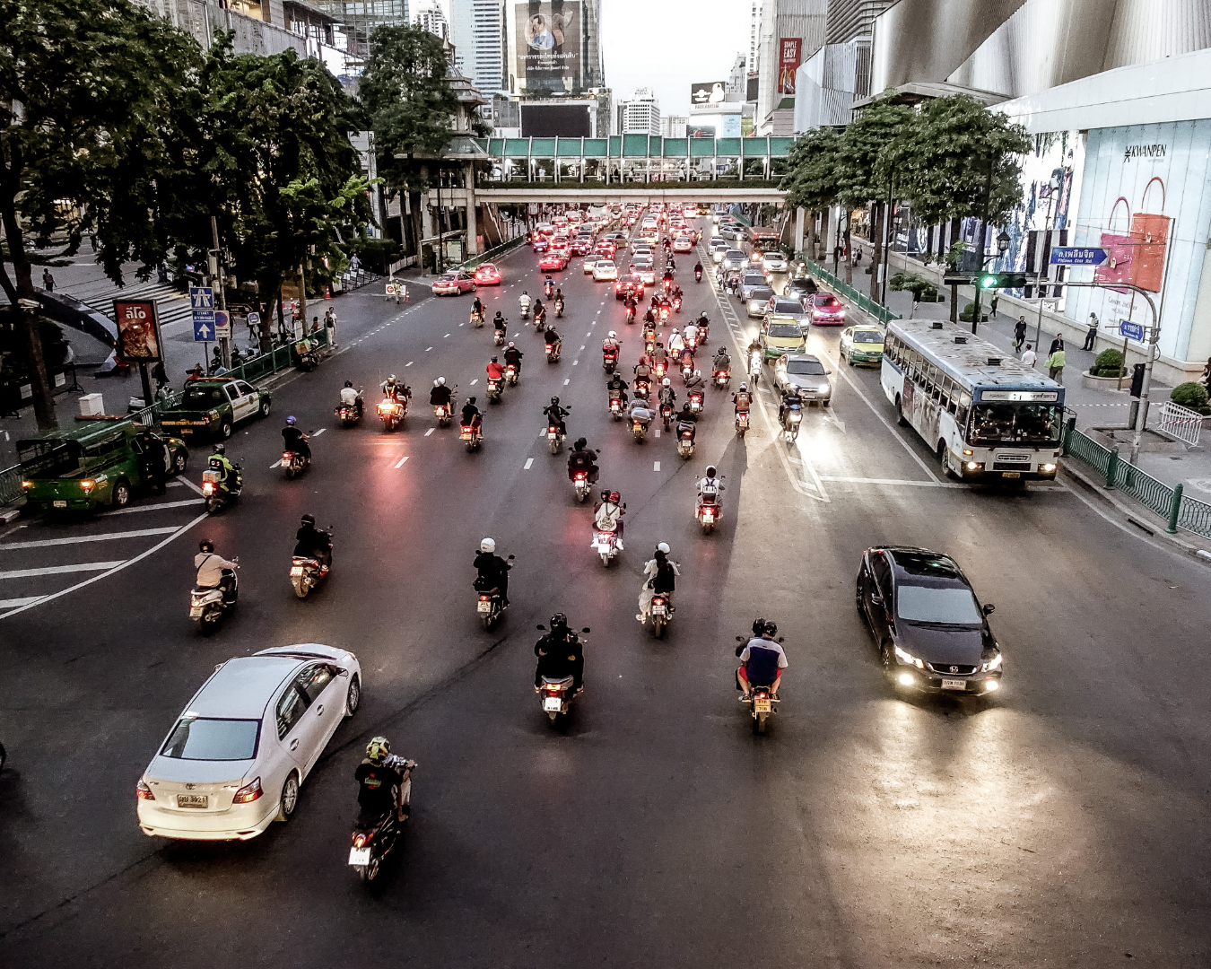 Busy traffic in Bangkok highlighting Thailand’s urban transport infrastructure and dynamic economic activity.